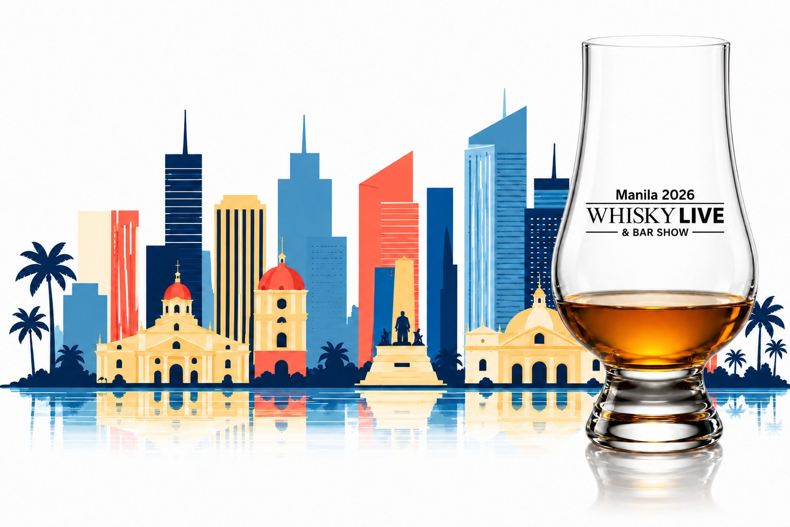 Illustrated Manila skyline beside a glass of whisky — Whisky Live Manila & Bar Show 2026
